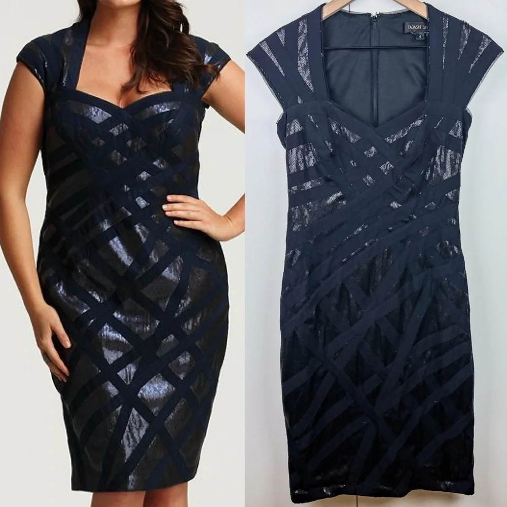 Tadashi Shoji Sequined Sweetheart Cage Dress Black Sequin Sparkle Bandage Size 4